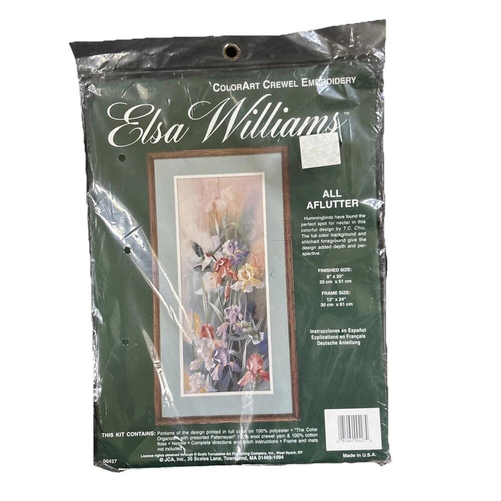 All Aflutter ColorAct Crewel Embroidery by Elsa Williams hummingbird iris flower
